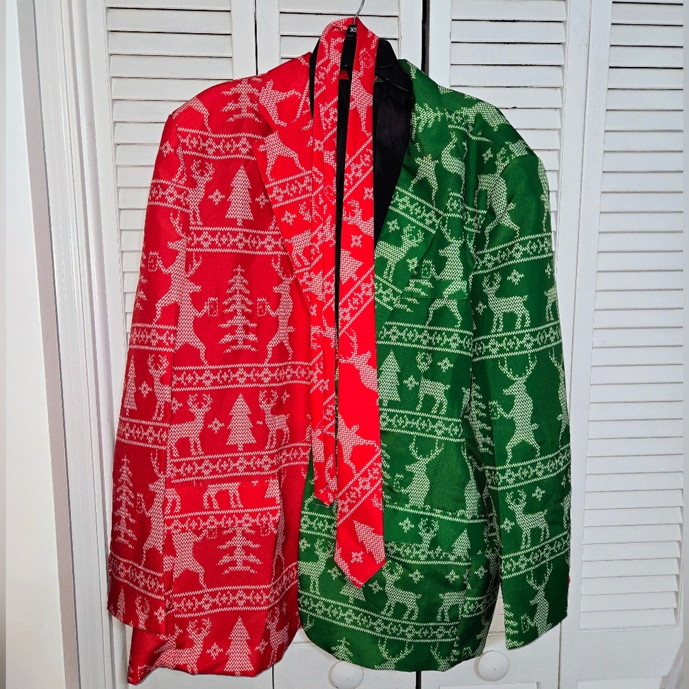Dec. 25th Men's XXL Festive Red and Green Christmas Blazer with Tie